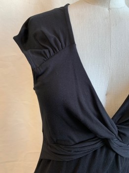Womens, Top, BCBG, Black, Rayon, Spandex, Solid, XS, Knot Front, V-neck, Gathered at Shoulders