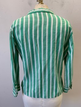 MINNESOTA WOOLEN, Green, White, Cotton, Stripes - Vertical , Circles, Blouse, Early 1960's, L/S, Button Front, Camp Shirt, Fitted with Darts at Waist, Goes with Matching Skirt (CF033137)