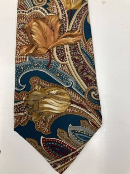 BILL BLASS, Slate with Brown/Teal Large Paisley And Brown Tulips