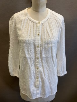 ANTHROPOLOGIE, White, Cotton, Solid, Self Dotted Stripe Texture, 3/4 Sleeves, Button Front, Band Collar, Elastic at Sleeve Openings, 2 Patch Pockets