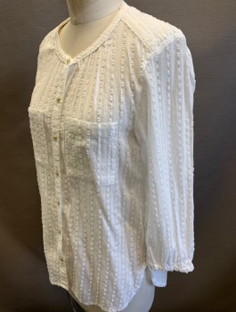 ANTHROPOLOGIE, White, Cotton, Solid, Self Dotted Stripe Texture, 3/4 Sleeves, Button Front, Band Collar, Elastic at Sleeve Openings, 2 Patch Pockets