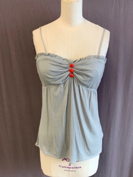 Womens, Top, RUBY SKY, Gray, Red, Tencel, Spandex, Solid, S, Jersey Knit, Adjustable Spaghetti Straps, Ruffle Trim Neck Edge, Low Cut Sq/n, Ruching CF with 3 Button Detail