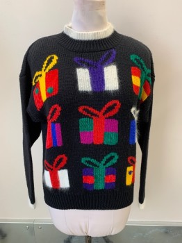 Womens, Pullover, HASTING & SMITH, Black, Acrylic, Wool, L, Christmas Sweater, Knit, Mock Neck, Multi Color Wrapped Present Images, Small Pearl Beading