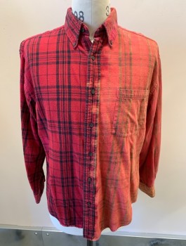 Mens, Casual Shirt, URBAN OUTFITTERS, Dusty Red, Maroon Red, Black, Dusty Orange, Multi-color, Cotton, Plaid, Ombre, S, L/S, B.F., Bttn Down Collar, Chest Pocket, Bleached Ombre On Back