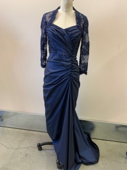 TADASHI SHOJI, Navy Blue, Black, Polyester, Spandex, 2 Color Weave, Lace L/S And Yoke, V-N, Back Zipper with Rouching, Asymmetrical Side Front Rouching, Train, Multiples