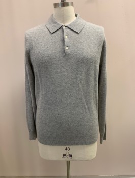 Mens, Pullover Sweater, J. CREW, Lt Gray, Cashmere, Solid, L, POLO, 3 Buttons, Ribbed Hem,