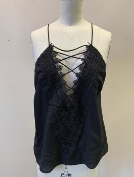 Womens, Top, WAYF, Black, Polyester, Solid, S, Chiffon, Spaghetti Straps, Black Lace V Shaped Panel in Front with Criss Crossed Laces, Pullover