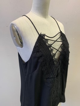 Womens, Top, WAYF, Black, Polyester, Solid, S, Chiffon, Spaghetti Straps, Black Lace V Shaped Panel in Front with Criss Crossed Laces, Pullover