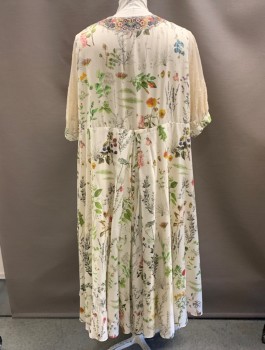 Womens, Dress, Short Sleeve, NL, Cream, Red, Green, Blue, Peach Orange, Cotton, Floral, B:62, V-N with Hook & Eye, Floral Trim Around Neck & Down Front, Lace Sleeves, Side Zipper, Pleat At Back Waist Band