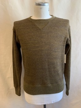 Mens, Pullover Sweater, RR RALPH LAUREN, Olive Green, Lt Olive Grn, Dk Brown, Cotton, Wool, Heathered, L, Crew Neck, Long Sleeves