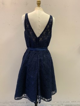 Womens, Cocktail Dress, N/L, Navy Blue, Nylon, Cotton, Solid, W 28, B 34, Floral Lace Over Lining, Scoop Neck, Sweetheart Neck Lining, Sleeveless, Zip Back, Gathered Skirt, Solid Navy Satin Belt, Hem Below Knee