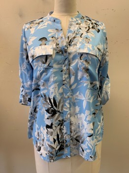 Womens, Blouse, CALVIN KLEIN, Baby Blue, White, Gray, Black, Polyester, Floral, L, L/S, Button Front, Folded Sleeves. Chest Pockets,
