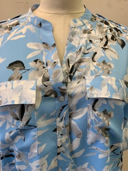 CALVIN KLEIN, Baby Blue, White, Gray, Black, Polyester, Floral, L/S, Button Front, Folded Sleeves. Chest Pockets,