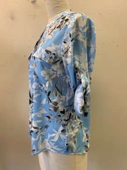 Womens, Blouse, CALVIN KLEIN, Baby Blue, White, Gray, Black, Polyester, Floral, L, L/S, Button Front, Folded Sleeves. Chest Pockets,