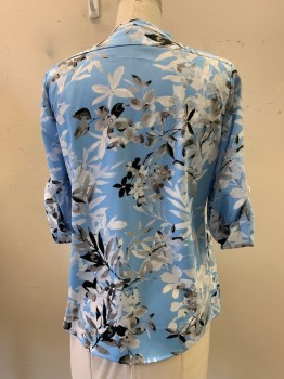 CALVIN KLEIN, Baby Blue, White, Gray, Black, Polyester, Floral, L/S, Button Front, Folded Sleeves. Chest Pockets,