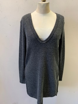 Womens, Pullover, ASTR, Gray, Polyester, Rayon, Solid, XS, Knit, L/S, Deep V-Neck, Tunic Length with High Slits at Side Seam Hem