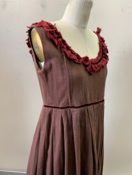 N/L MTO, Brown, Cotton, Solid, Canvas, Sleeveless, Burgundy Frayed Ruffle at Scoop Neck, Empire Waist, Burgundy Velvet at Waistline, Lace Up at Back Shoulders, Open at Back Below Waist, Pinafore/Jumper