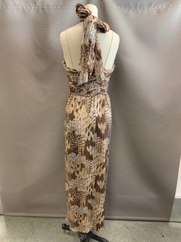 GENTILLESSE, Slate Blue, Khaki Brown, Brown, Gray, Silk, Abstract , Animal Print, Spaghetti Straps, Criss Cross Halter Top, Pleated Over Bust & Back, Concealed Hook & Eye On Front, Floor Length Hem