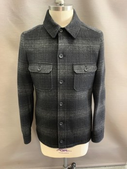 Mens, Casual Jacket, SAKS FIFTH AVENUE, Black, Gray, Wool, Plaid, M, C.A., Button Front, L/S, 2 Pockets