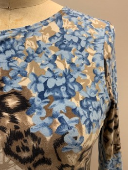 STYLE & CO, Lt Blue, Beige, Black, Polyester, Spandex, Floral, Abstract , Pull On, Round Neck,  3/4 Slvs,