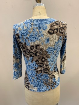 Womens, Top, STYLE & CO, Lt Blue, Beige, Black, Polyester, Spandex, Floral, Abstract , S, Pull On, Round Neck,  3/4 Slvs,