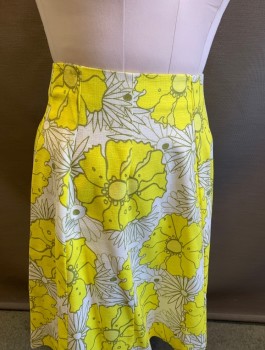 Womens, Skirt, Knee Length, TOP SHOP, Lemon Yellow, White, Olive Green, Cotton, Floral, Sz.6, A-Line, Vertical Panels Throughout, Exposed Gold Zipper In Back