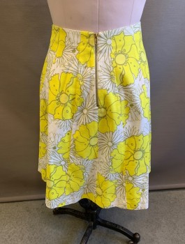 Womens, Skirt, Knee Length, TOP SHOP, Lemon Yellow, White, Olive Green, Cotton, Floral, Sz.6, A-Line, Vertical Panels Throughout, Exposed Gold Zipper In Back