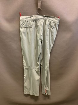 Mens, Casual Pants, PRADA, Lt Olive Grn, Cotton, Nylon, Solid, 34/32, Slant Pockets, Button Front, Red Draw Tabs On Both Sides Of Wast 2 Back Pockets