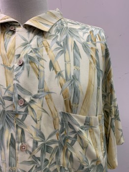 JAMAICA JACK, Lt Yellow, Gold, Sage Green, Silk, Hawaiian Print, S/S, Button Front, Collar Attached, Chest Pocket