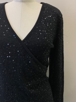 Womens, Top, Lafayette 148, Black, Wool, Speckled, M, L/S, V Neck, Crossover,  Sequins and Beaded, Shoulder Pads