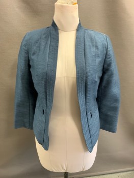 Womens, Blazer, H&M, Blue-Gray, Viscose, Polyester, Stripes - Static , 8, Stand Collar, Self Stitch On Collar/Lapel, Open Front, No Closures, 2 Flap Pckts, Pleated Back Waist, Shorter Hem At Back