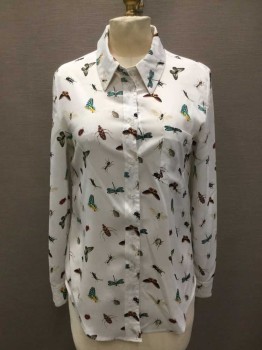 BEULAH, White, Tan Brown, Turquoise Blue, Maroon Red, Black, Synthetic, Novelty Pattern, Bug/Butterfly Print, Button Front, Long Sleeves, Collar Attached, 1 Pocket