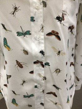 BEULAH, White, Tan Brown, Turquoise Blue, Maroon Red, Black, Synthetic, Novelty Pattern, Bug/Butterfly Print, Button Front, Long Sleeves, Collar Attached, 1 Pocket