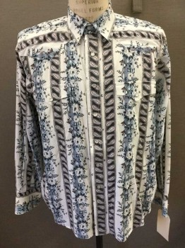 Mens, Western, WRANGLER, Ivory White, Slate Blue, Brown, Navy Blue, Cotton, Floral, Paisley/Swirls, M, Center Front Snaps, Long Sleeves, Western Yoke, 2 Pockets,