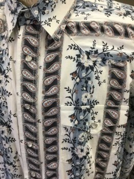 WRANGLER, Ivory White, Slate Blue, Brown, Navy Blue, Cotton, Floral, Paisley/Swirls, Center Front Snaps, Long Sleeves, Western Yoke, 2 Pockets,