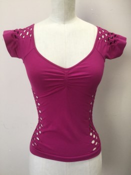Womens, Top, BEBE, Fuchsia Pink, Nylon, Spandex, Solid, P/S, Stretch Top, Short Raglan Sleeve, V-N Gathered at Bust, Holes in Shoulder and Sides Waist