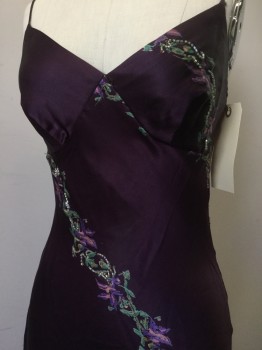Womens, Evening Gown, TRACY REESE, Plum Purple, Green, Lavender Purple, Pink, Silk, Beaded, Floral, S, Plum, Green/ Pink/ Lavender Floral Print Beaded Stripes, V-neck, Spaghetti Straps,