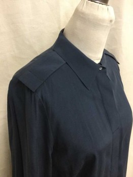 Ann Taylor, Navy Blue, Silk, Solid, Long Sleeves, Collar Attached, Button Front, Shoulder Epaulettes, French Cuffs with 2 Buttons