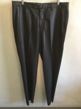 Mens, Suit, Pants, VERSACE, Black, Polyester, Wool, Solid, Ins 34, W 36, Slightly Shiny Fabric (almost Like Sharkskin), Flat Front, Slim Leg, Tab Waist, Zip Fly, 5 Pockets Including 1 Watch Pocket