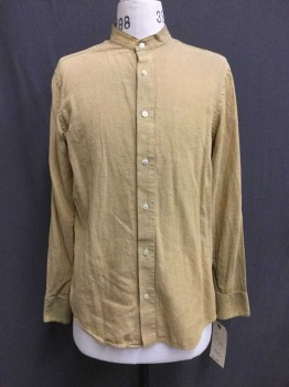 Mustard Yellow, Cotton, Solid, Button Front, Collar Band, Long Sleeves, Multiple, Old West