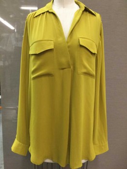 Ann Taylor, Chartreuse Green, Polyester, Solid, V-neck, Long Sleeves, 2 Pockets,