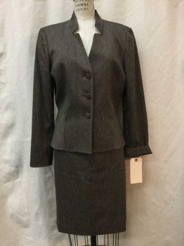 TAHARI, Brown, Synthetic, Heathered, Heather Brown, Reversed Notched Lapel, 3 Buttons,  White Stitching Trim