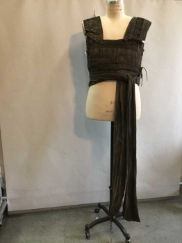Mens, Historical Fiction Vest, M.T.O, Dk Brown, Clay Orange, Cotton, CH36, Roman/greek Soldier Soft Armor Top. Dark Brown Strips Of Cotton Gauze with Dry Brushed Clay Painted Over. Leather Wang Lacing. Gauze Attached To Center Back That Self Ties At Front