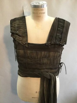 Mens, Historical Fiction Vest, M.T.O, Dk Brown, Clay Orange, Cotton, CH36, Roman/greek Soldier Soft Armor Top. Dark Brown Strips Of Cotton Gauze with Dry Brushed Clay Painted Over. Leather Wang Lacing. Gauze Attached To Center Back That Self Ties At Front