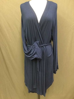 Womens, SPA Robe, HONEY DEW, Navy Blue, Rayon, Spandex, Solid, M, Thin Soft Jersey, Above the Knee, Matching Tie Belt, Belt Loops, Ties Inside