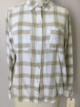 Womens, Blouse, UNIVERSAL THREAD, White, Yellow, Gray, Red, Lt Blue, Cotton, Plaid, L, Long Sleeves, Collar Attached, Button Front, 2 Pockets,