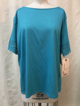 ST JOHNS BAY, Turquoise Blue, Cotton, Synthetic, Heathered, Turquoise, Round Neck,  Lace Trim, Short Sleeves,