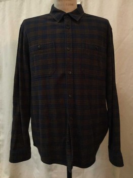 ROOTS, Brown, Navy Blue, Cotton, Plaid, Navy/ Brown Plaid, Button Front, Long Sleeves, 2 Pockets,