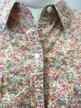 ST JOHNS BAY, Tan Brown, Pink, Orange, Olive Green, Gray, Cotton, Floral, Tan with Pink, Orange, Olive, Gray Cluster Floral Print, Collar Attached, Button Front, 2 Pockets with Flap & 1 Button, 3/4  Sleeves,
