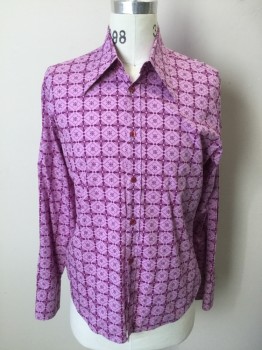 Mens, Casual Shirt, HUGO BOSS, Lavender Purple, Purple, Cotton, Diamonds, Grid , 15/34, M, L/S, B.F., Pointy C.A.,